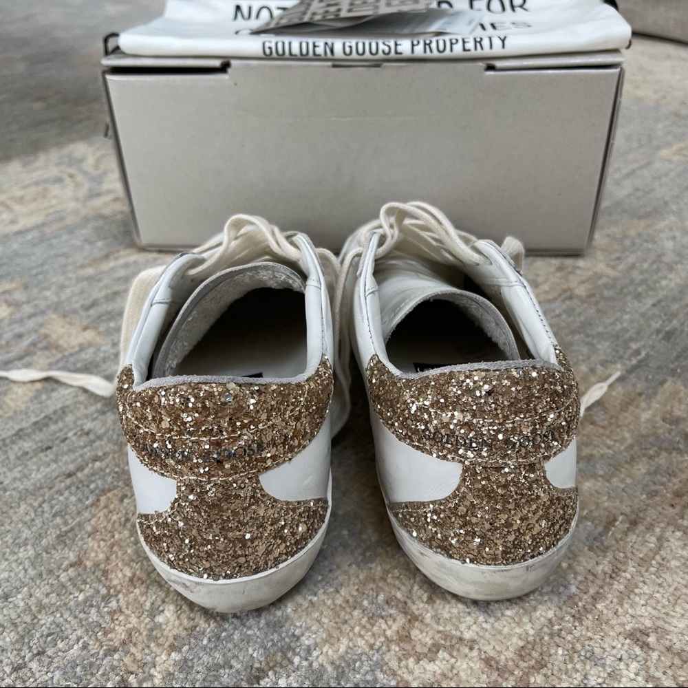 Golden Goose White Sneakers with Gold Glitter Heel and Silver Star - Picture 7 of 13